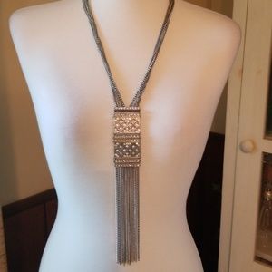 Lariat style silver statement long necklace